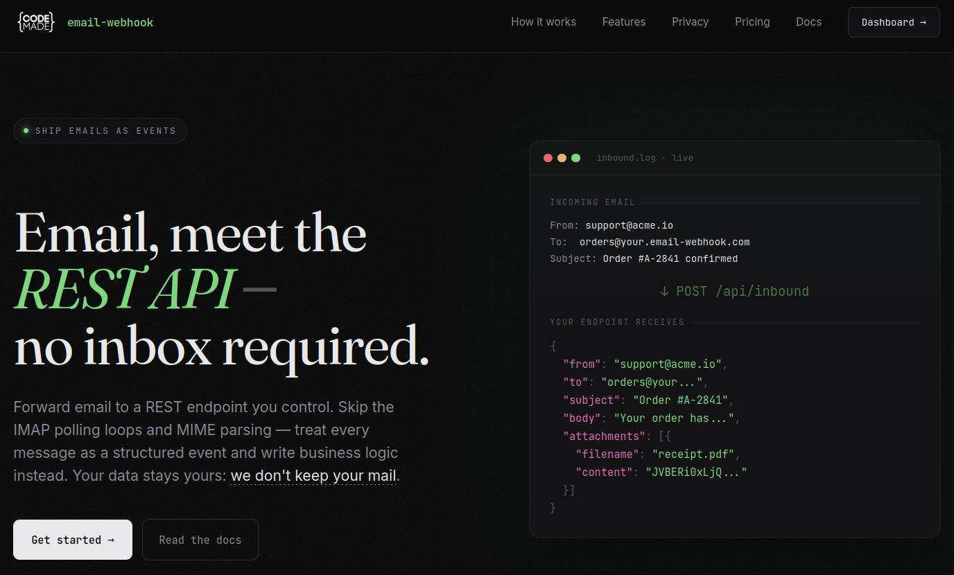 The new email-webhook homepage, with a clean and modern design