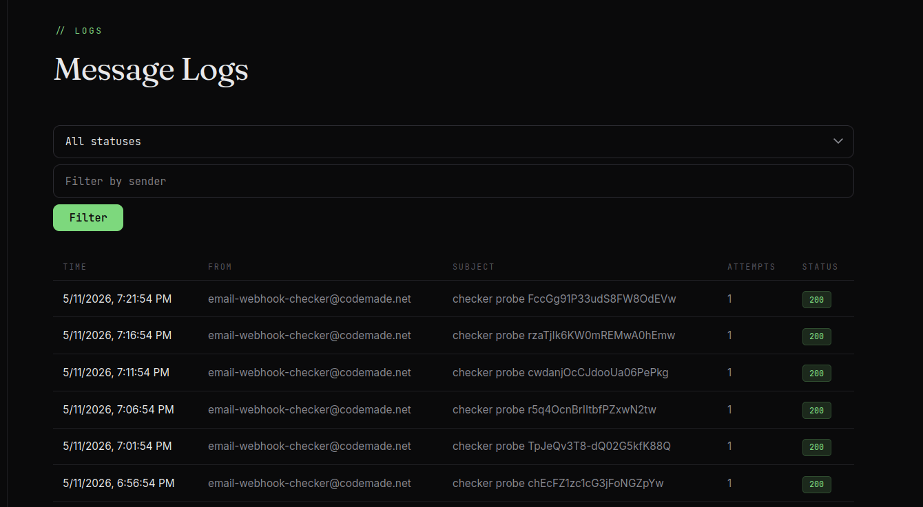 The new logs page, showing a list of received emails and their status