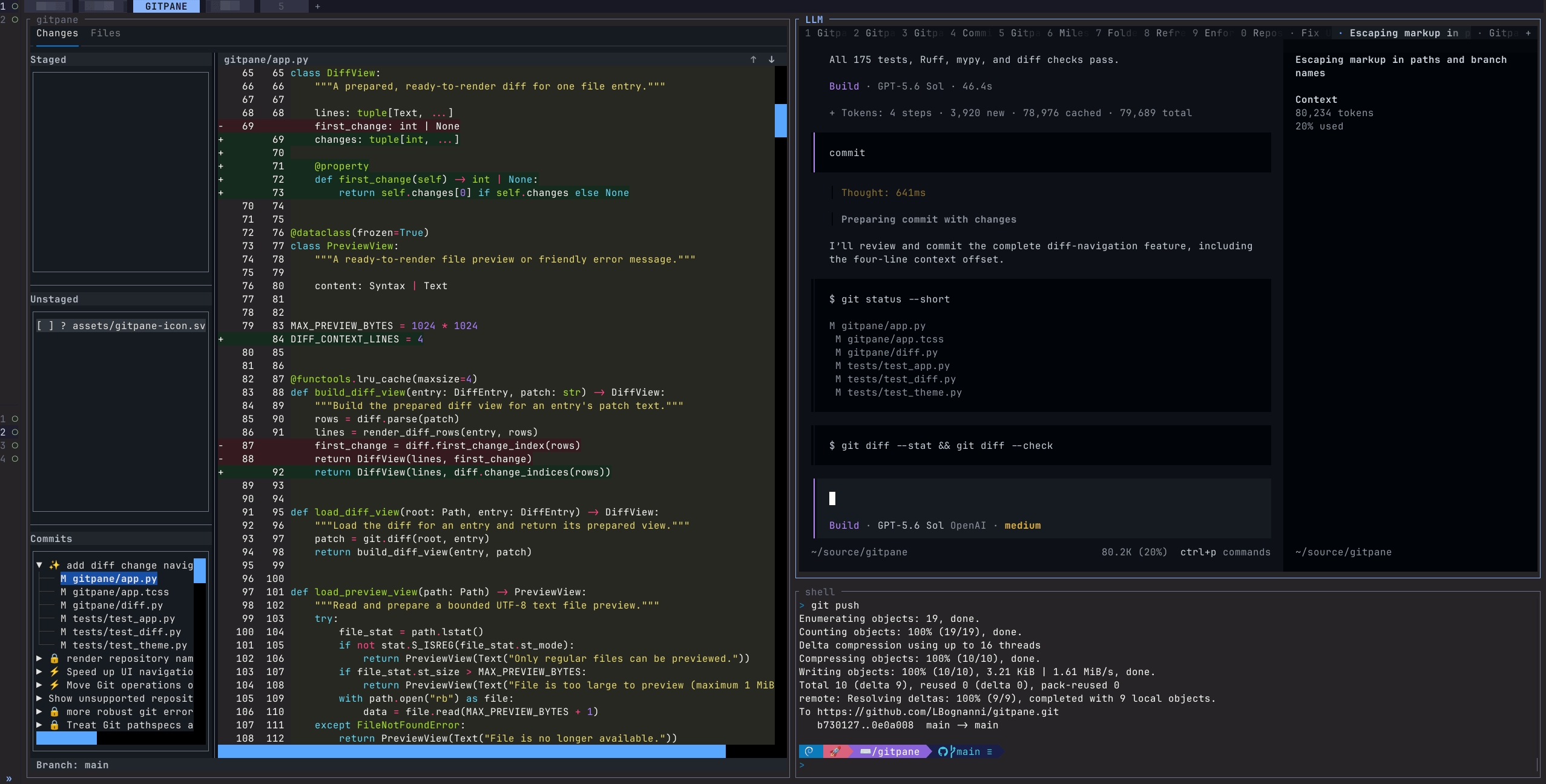 A screenshot showing GitPane running as part of a Herdr session, next to OpenCode